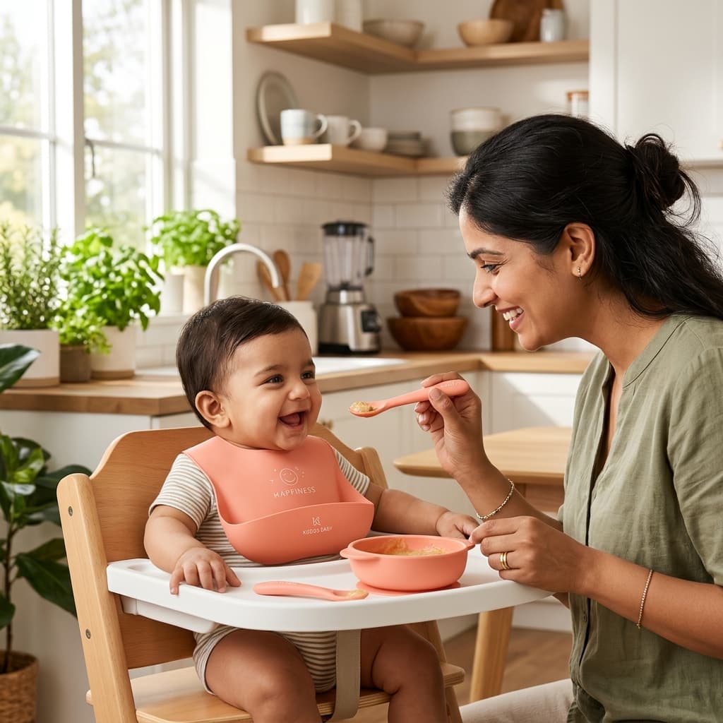 Happy infant self-feeding with food-grade silicone baby suction bowl and soft spoon