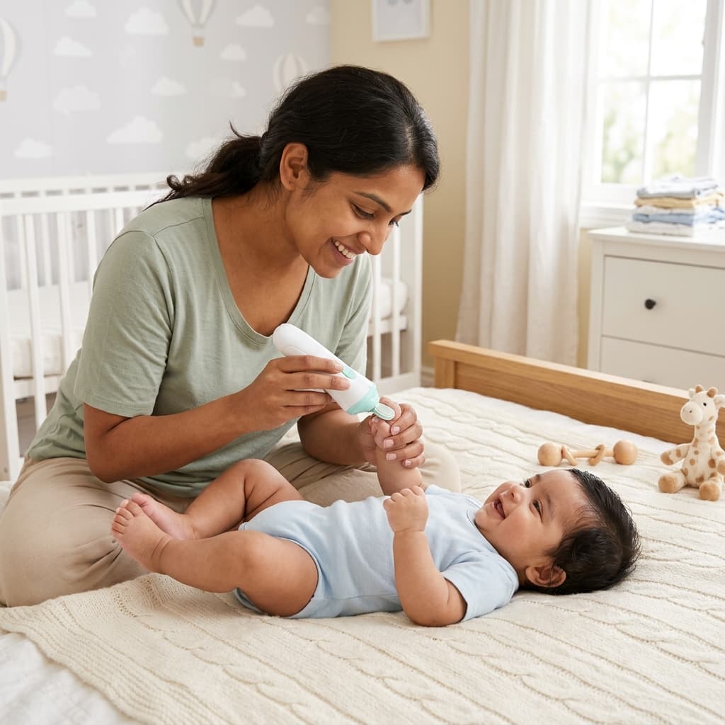 Indian mother gently trimming infant nails with electric baby nail trimmer in nursery