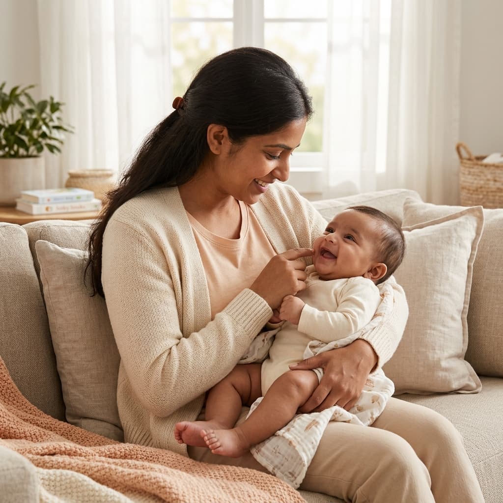 Loving Indian mother smiling and cuddling her happy 5-month-old baby in warm natural light