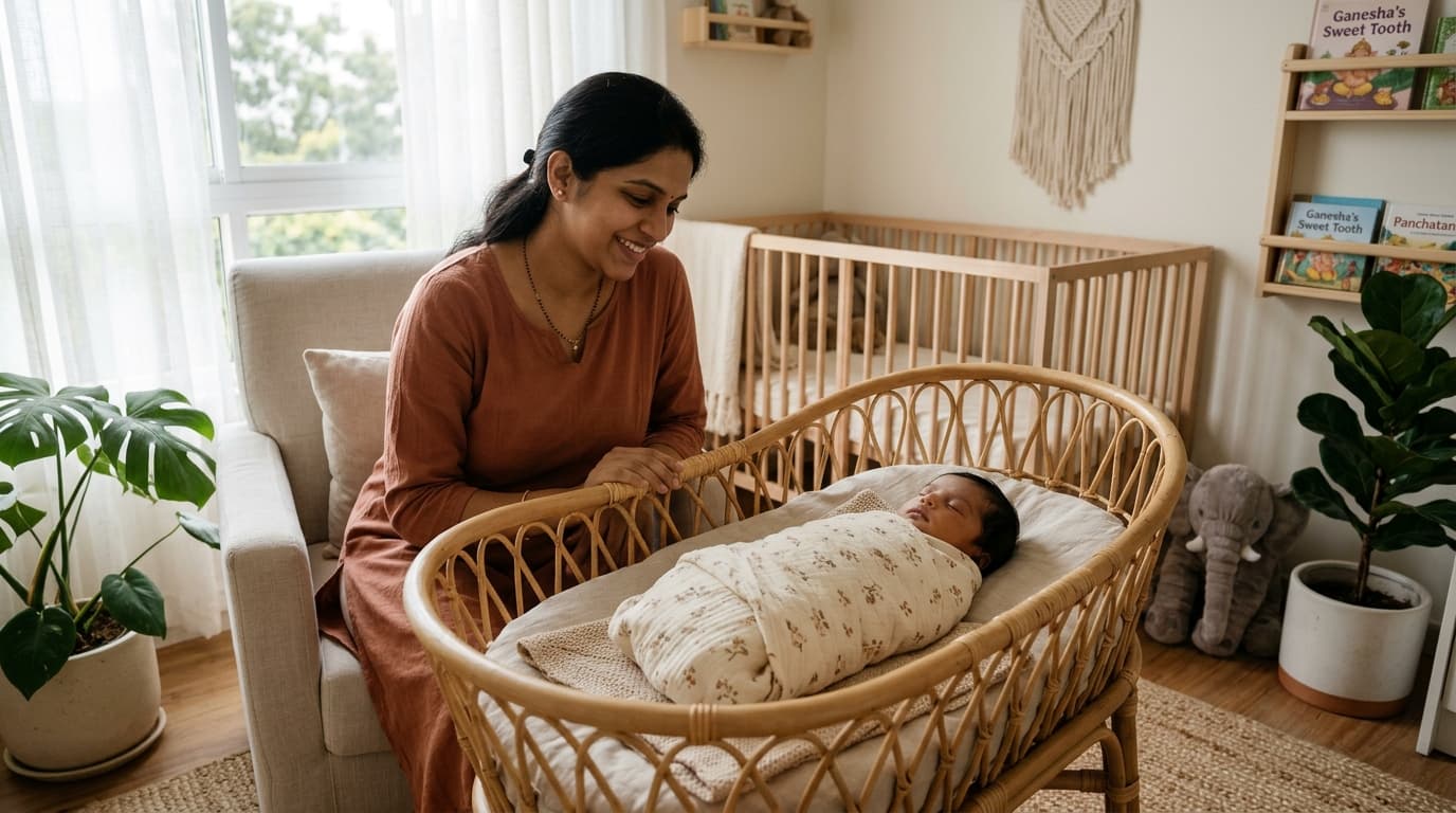 Peaceful newborn baby sleeping serenely wrapped in organic muslin swaddle blanket in nursery
