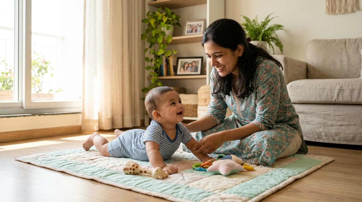 Indian mother encouraging infant during tummy time on organic quilted pastel playmat