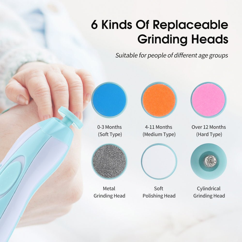 Electric Baby Nail Trimmer with LED Light – 6 Interchangeable Filing Heads, Adjustable Speed & Quiet Motor | Gentle Baby Nail Care Kit