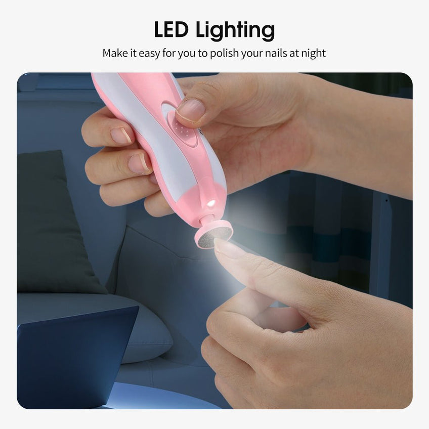 Electric Baby Nail Trimmer with LED Light – 6 Interchangeable Filing Heads, Adjustable Speed & Quiet Motor | Gentle Baby Nail Care Kit