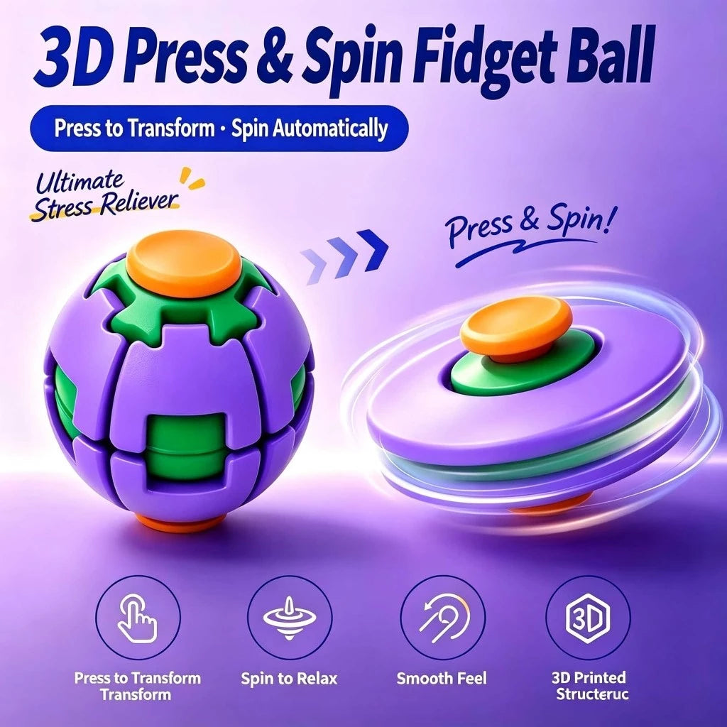 3D Press-to-Spin Fidget Ball – Stress Relief Toy (Buy 1 Get 1 FREE)